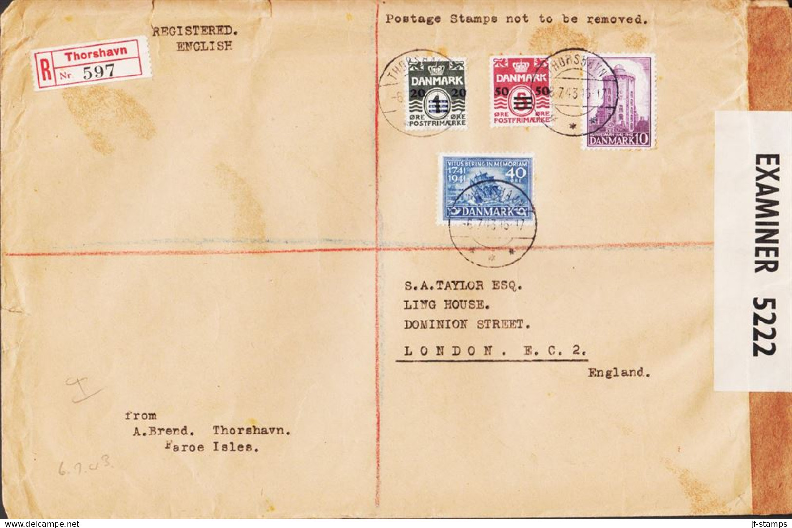 1943. FAROES. Provisional Issue. 20 Øre On 1 Øre And 50 Øre On 5 Øre On CENSORED REGISTERED ... (Michel 2+5+) - JF544819 - Faroe Islands