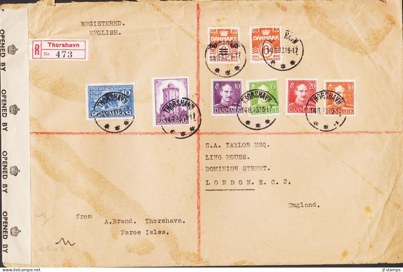 1943. FAROES. Provisional Issue. 60 Øre On 6 Øre On CENSORED REGISTERED Cover  Together With 1... (Michel 6+) - JF544820 - Islas Faeroes