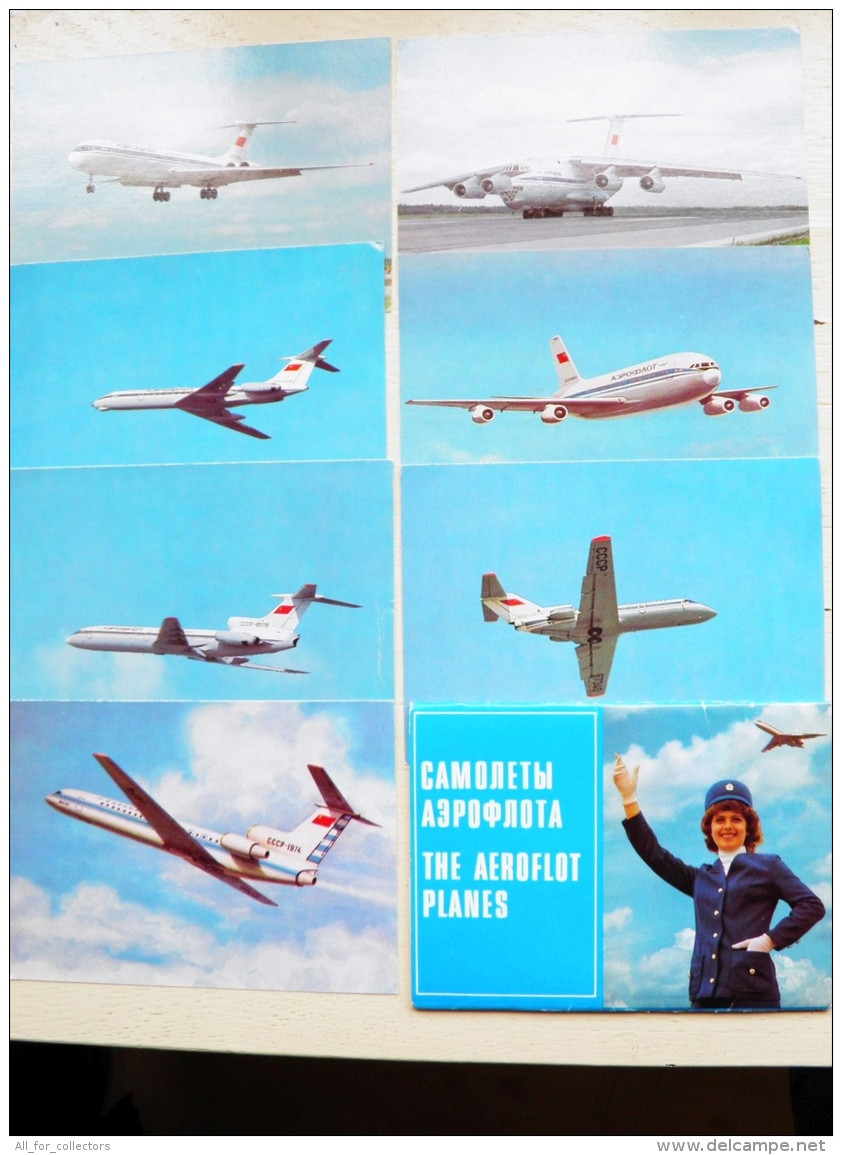 7 Post Cards In Folder From Russia Ussr Aeroflot Planes Avion Airplanes Il-62 Il-76 Il-86 Tu-134 Tu-154 Yak-40 Yak-42 - 1946-....: Modern Tijdperk
