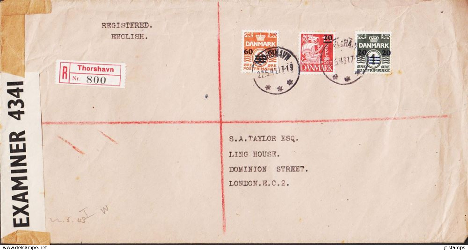 1943. FAROES. Provisional Issue. 60 Øre On 6 Øre On CENSORED REGISTERED Cover  Together With 2... (Michel 6+) - JF544821 - Féroé (Iles)