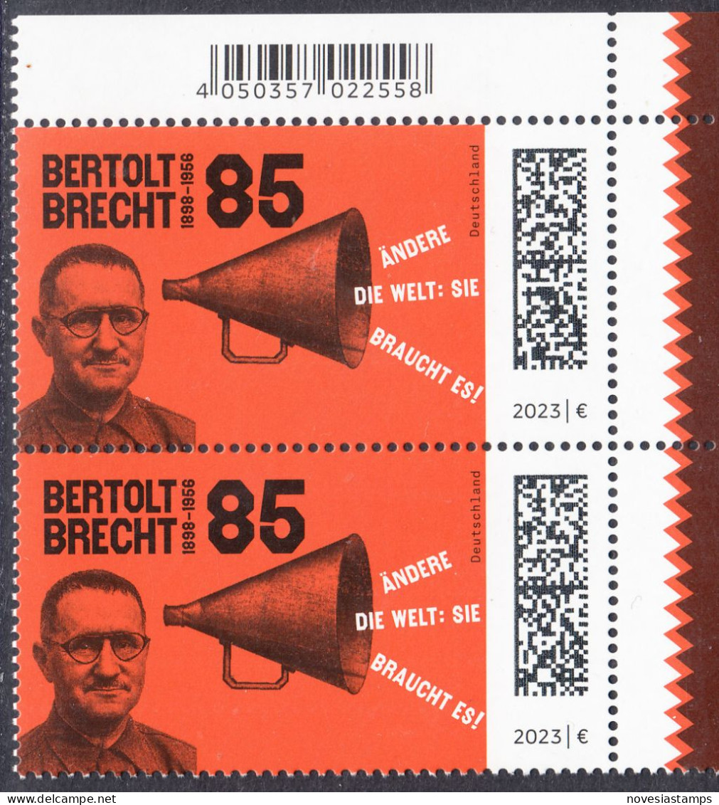 !a! GERMANY 2023 Mi. 3749 MNH Vert.PAIR From Upper Right Corner - Bertold Brecht, Dramatist - Nuevos