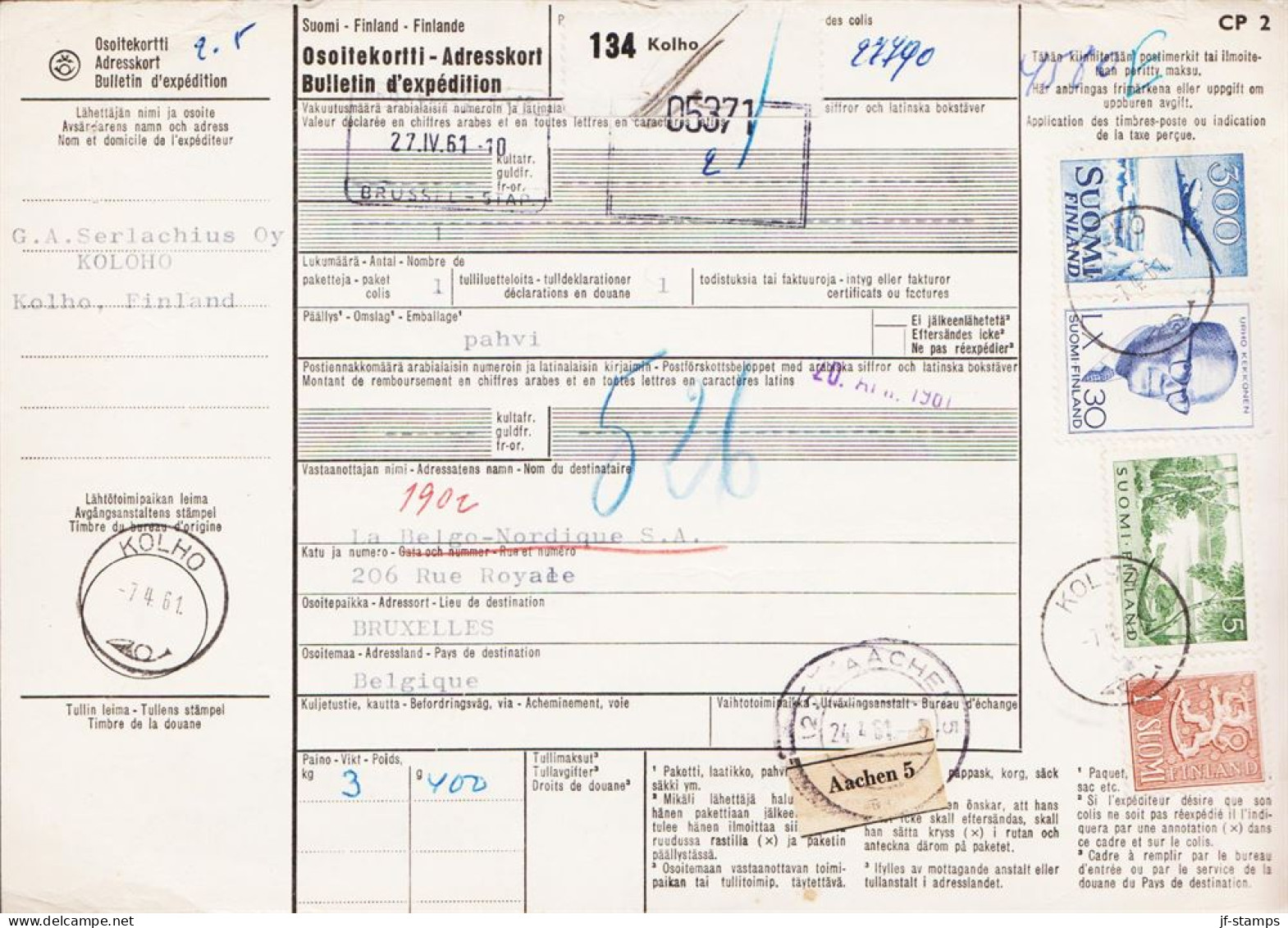 1961. FINLAND. Adresskort  Bulletin Déxpedition To Belgique With 300 Mk Douglas DC-6, 30 Mk ... (Michel 488+) - JF544822 - Storia Postale