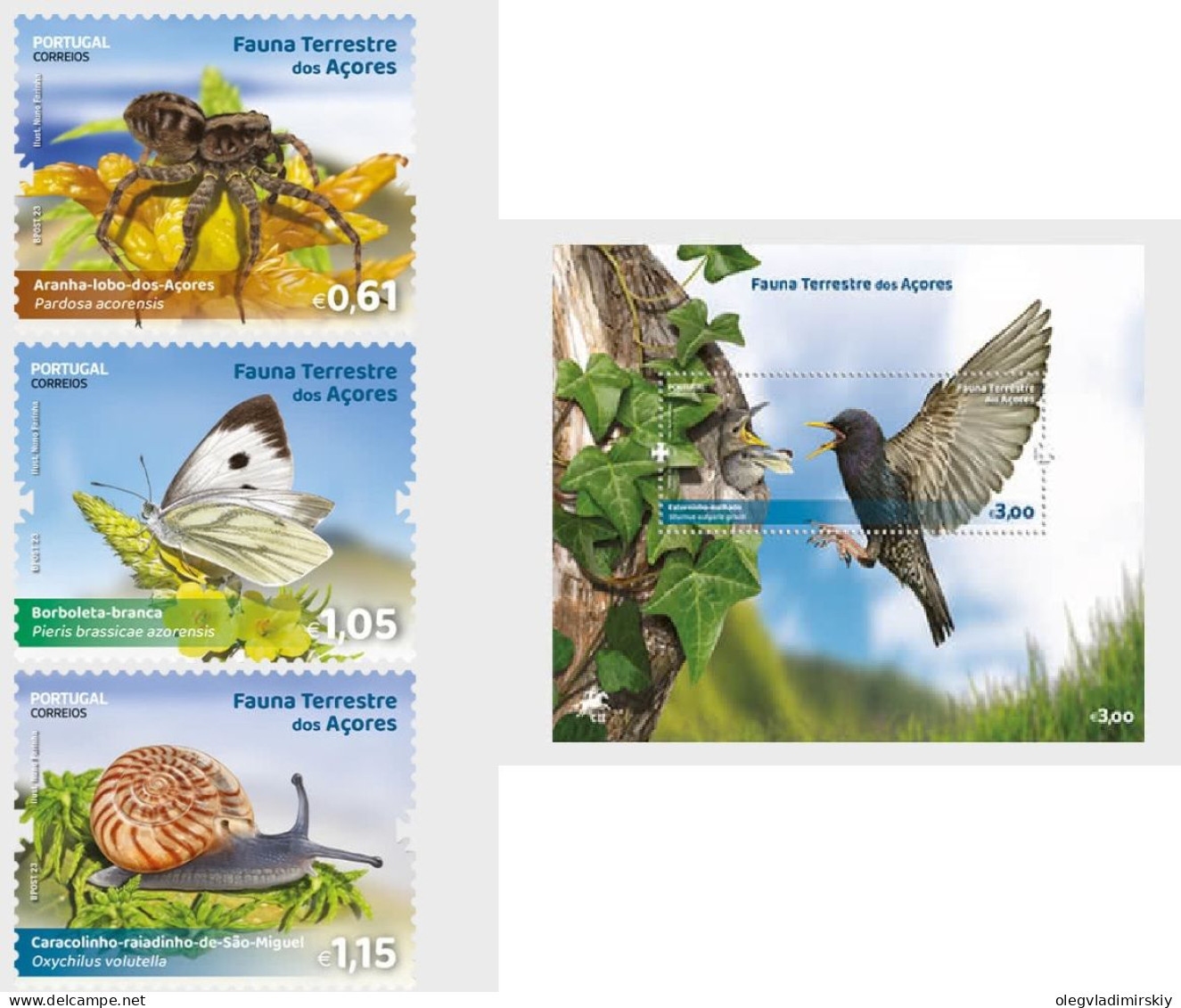 Portugal 2023 Wild Fauna Terrestrial Fauna Of Azores Spider Butterfly Snail Birds Set Of 3 Stamps And Block Mint - Schmetterlinge