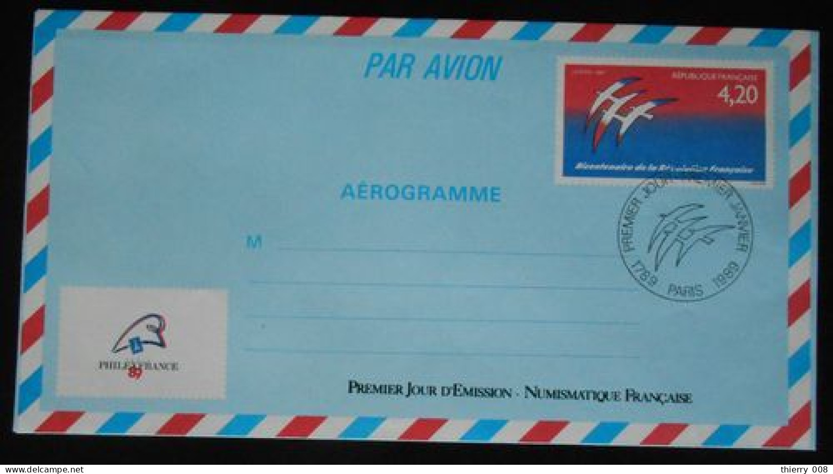 Aérogramme 1017 Bicentenaire De La Révolution Française Folon 4,20 F Oblitération Premier Jour Premier Janvier Paris - Aerogramas