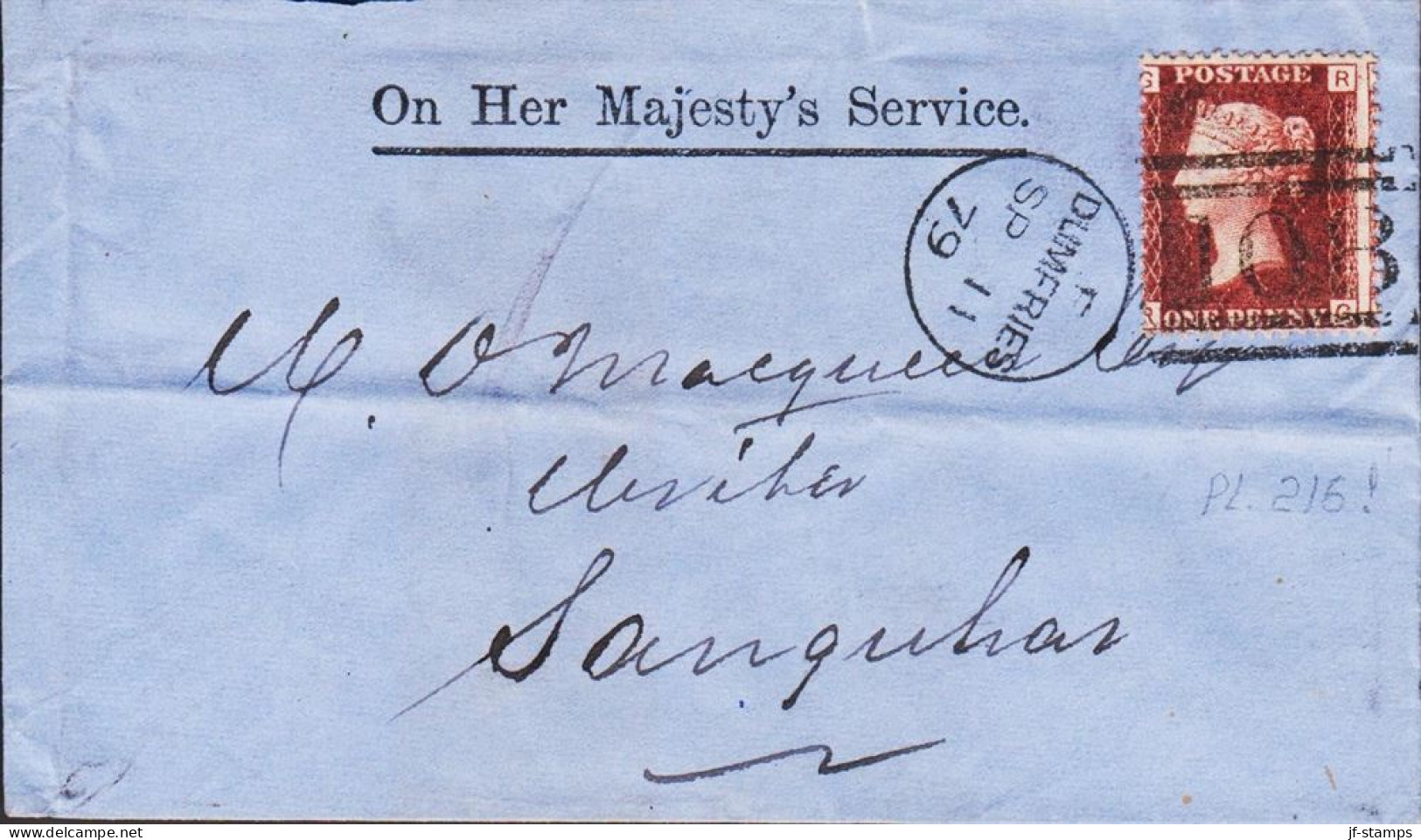 1879. ENGLAND. Victoria. ONE PENNY. Plate 216 On Fine Small On Her Majesty's Service Cover To ... (Michel 16) - JF544826 - Altri & Non Classificati