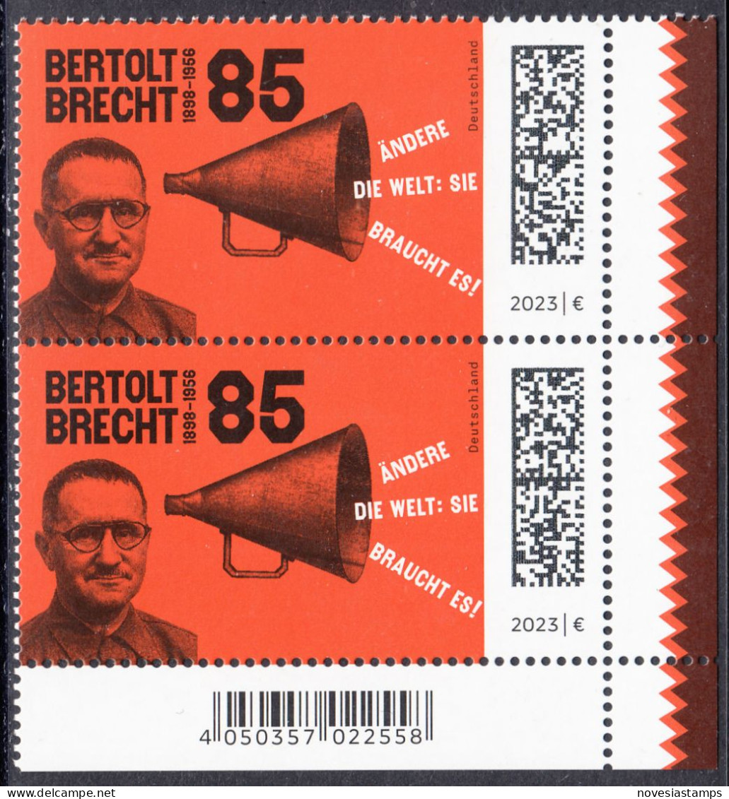 !a! GERMANY 2023 Mi. 3749 MNH Vert.PAIR From Lower Right Corner - Bertold Brecht, Dramatist - Ungebraucht