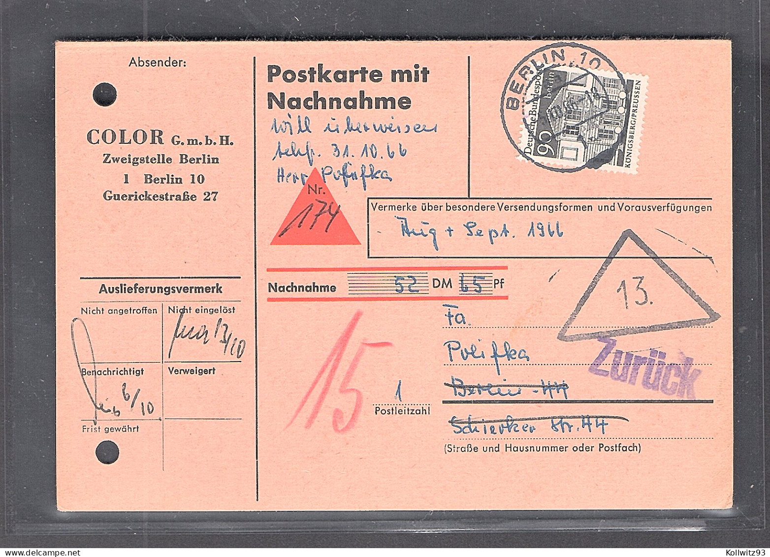 Berlin, EF. Mi.-Nr. 281 Auf  Nachnahme-Postkarte. - Lettres & Documents