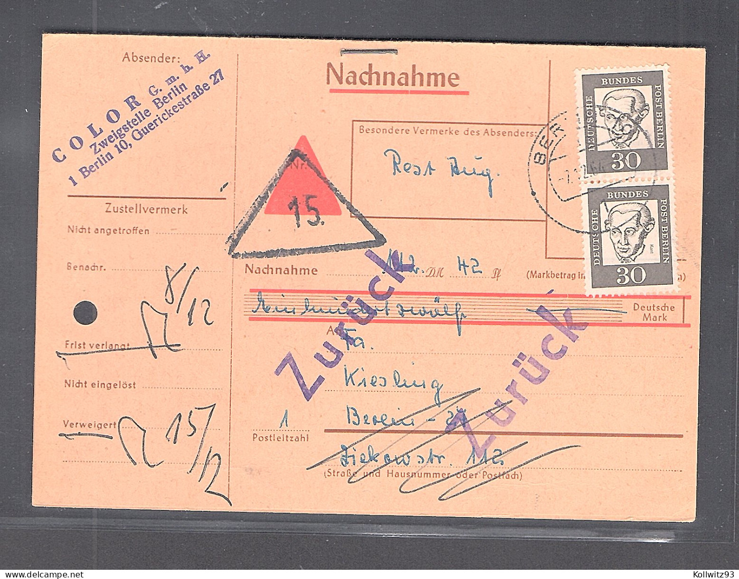 Berlin, MeF. Mi.-Nr. 206 Auf  Nachnahme-Postkarte. - Lettres & Documents