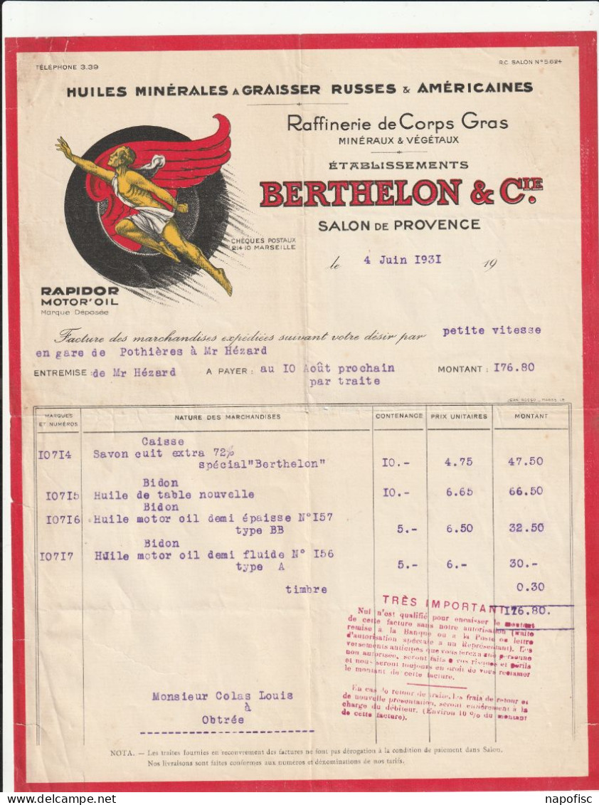 13-Berthelon & Cie.....Huiles Minérales à Graisser Russes & Américaines Salon-de-Provence...(Bouches-du-Rhône)...1931 - Otros & Sin Clasificación