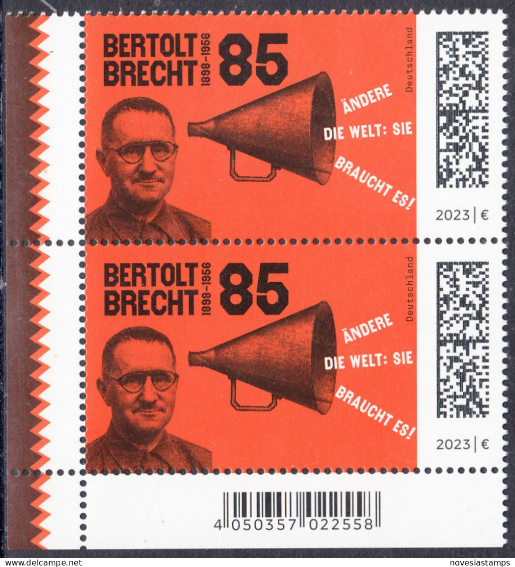 !a! GERMANY 2023 Mi. 3749 MNH Vert.PAIR From Lower Left Corner - Bertold Brecht, Dramatist - Unused Stamps