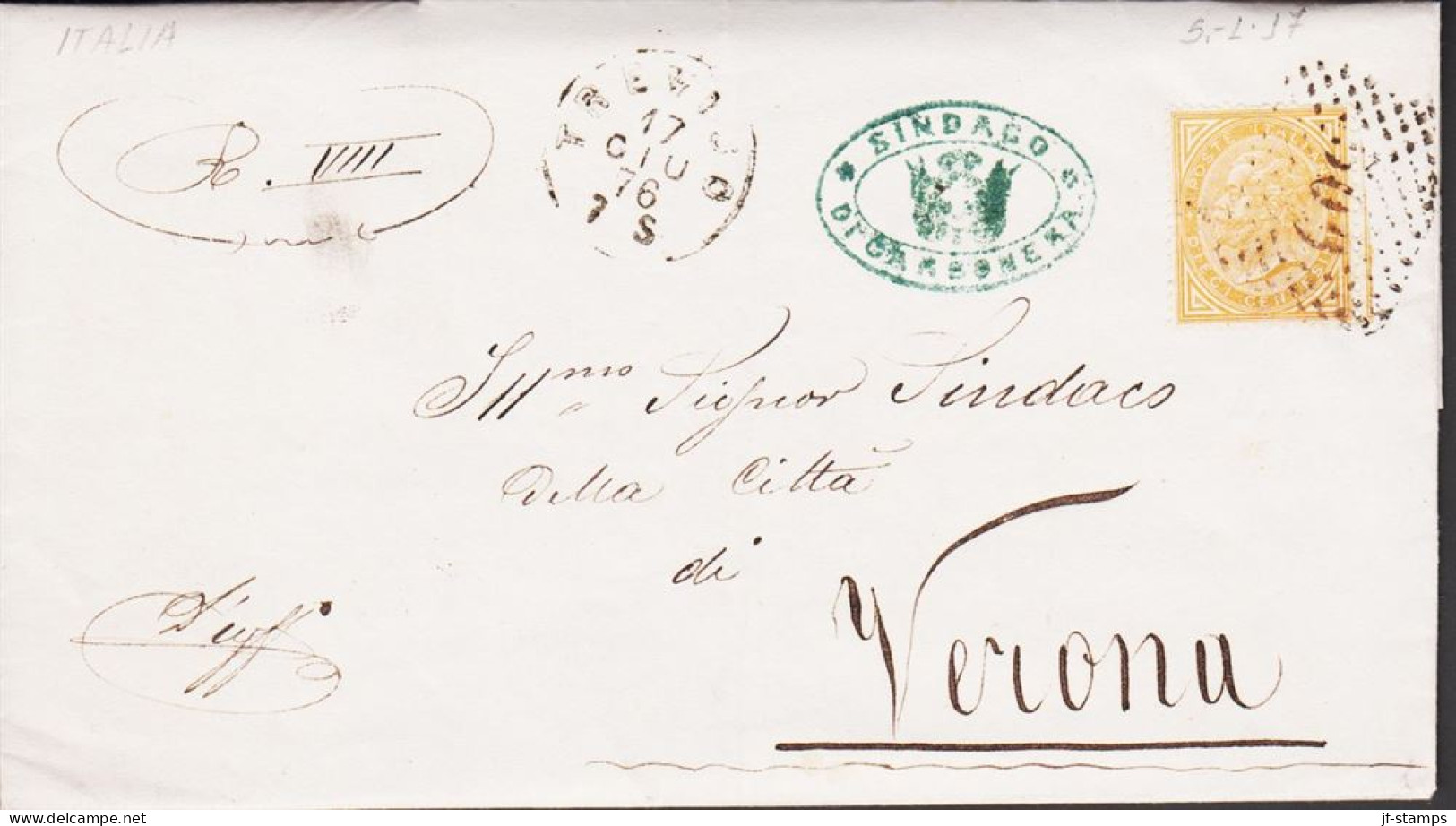 1876. ITALIA. VIKTOR EMANUEL. 10 CMI. On Beautiful Envelope To Verona Cancelled 509 And TREVIJ... (Michel 17) - JF544832 - Afgestempeld