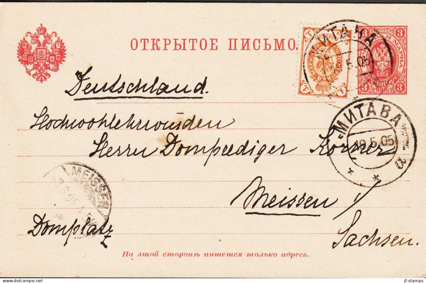 1905. RUSSIAN 3 KOP CARTE POSTALE With Additiona 1 KOP To Meissen, Sachsen Dated Mitau Den 17. Mai 1905. A... - JF544834 - Lettonie