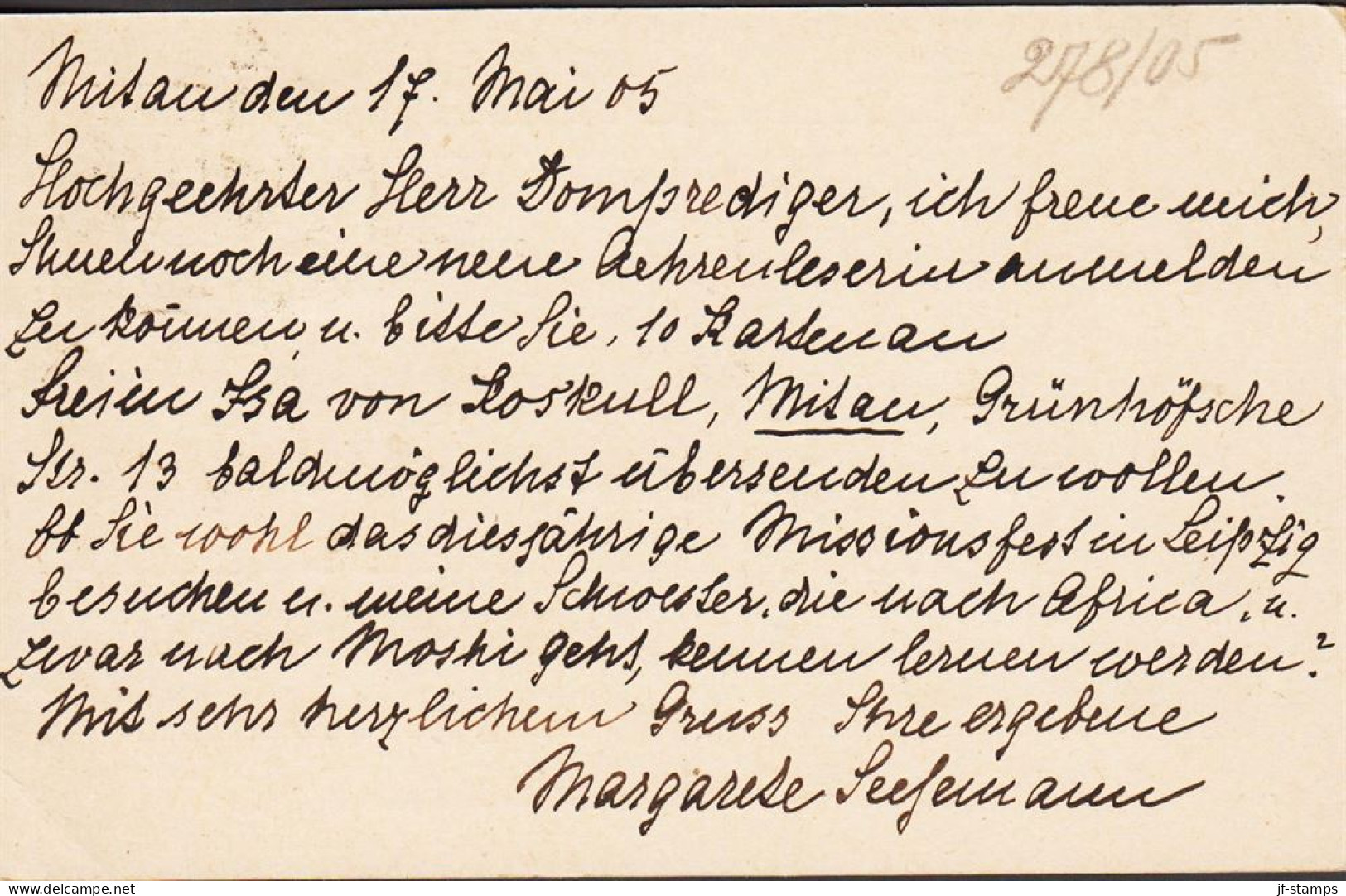 1905. RUSSIAN 3 KOP CARTE POSTALE With Additiona 1 KOP To Meissen, Sachsen Dated Mitau Den 17. Mai 1905. A... - JF544834 - Lettonia