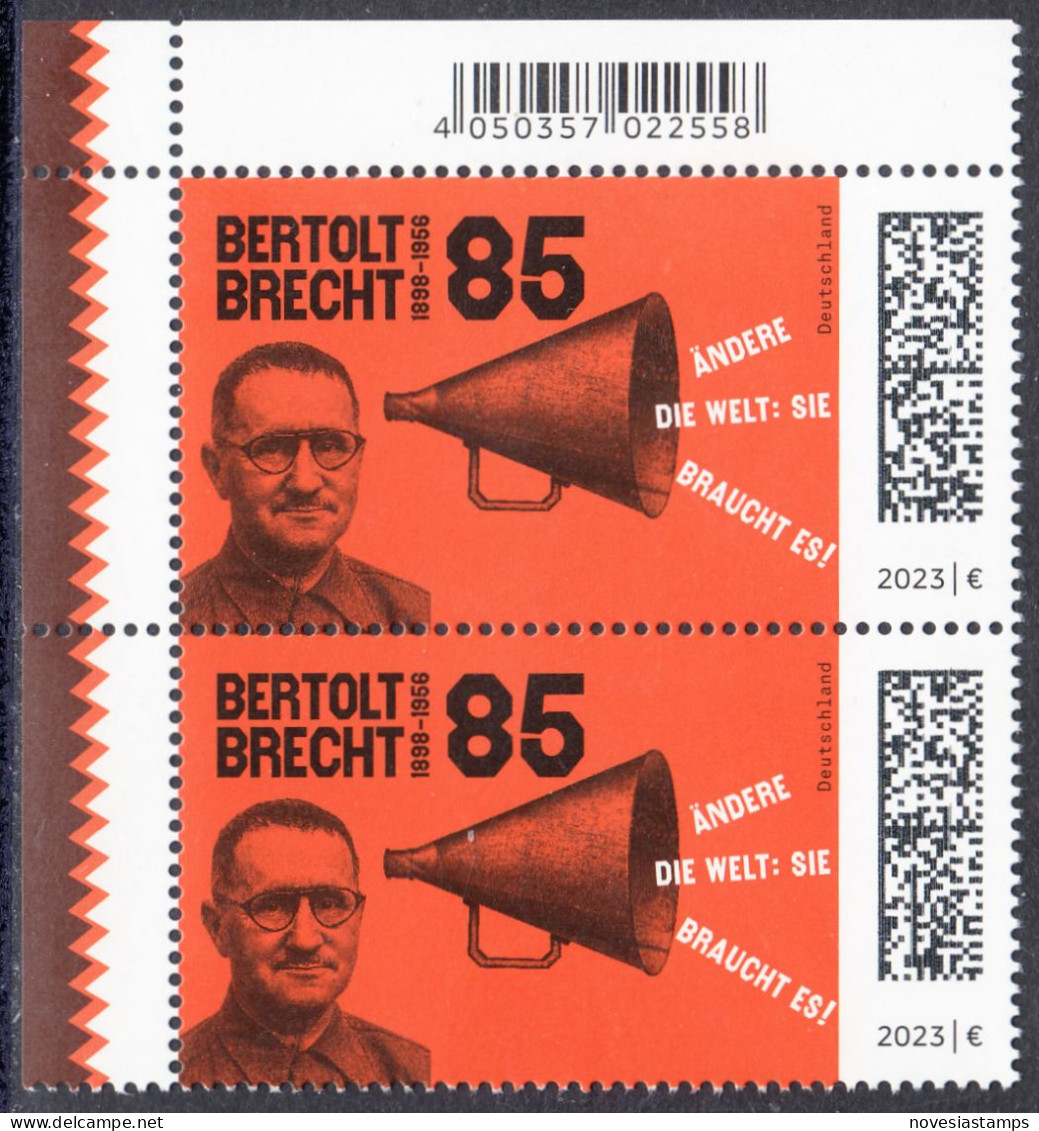 !a! GERMANY 2023 Mi. 3749 MNH Vert.PAIR From Upper Left Corner - Bertold Brecht, Dramatist - Unused Stamps