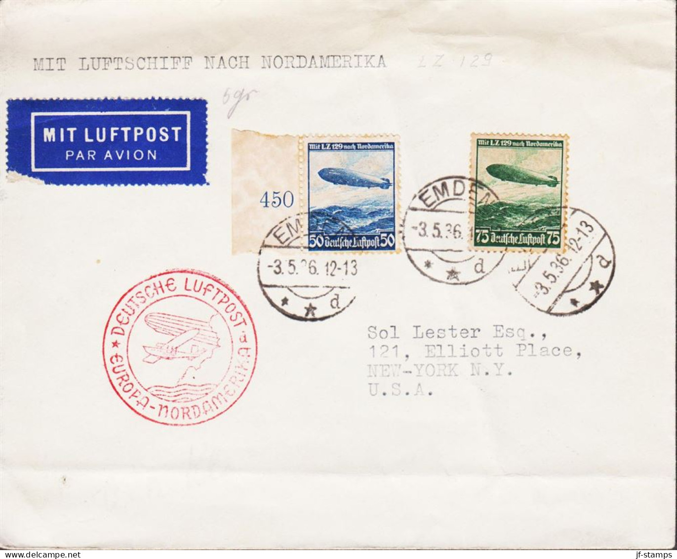 1936. DEUTSCHES REICH. 50 + 75 Pf. Zeppelin LZ 129 On Cover (fold) To USA With LZ 129 From... (Michel 607607) - JF544838 - Lettres & Documents