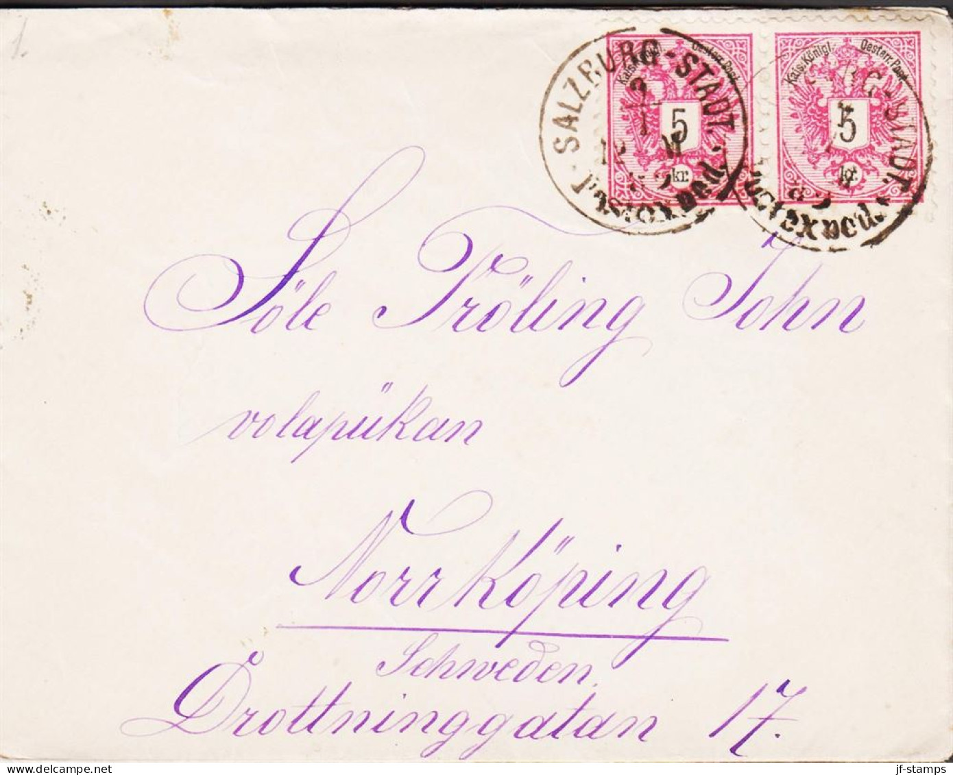 1889. ÖSTERREICH.  Doppeladler. 5 Kr. In Pair On Beautiful Envelope To Norrköping, Sweden Cancelled SALZBU... - JF544839 - Brieven En Documenten