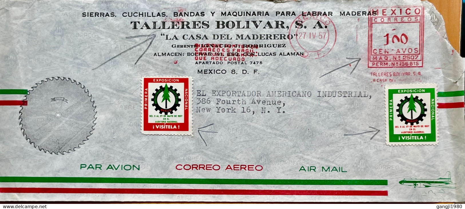 MEXICO 1957, ADVERTISING COVER USED TO USA, TALLERES BOLIVAR, METER CANCEL, VIGNETTE LABEL 2 DIFFERENT - Mexique