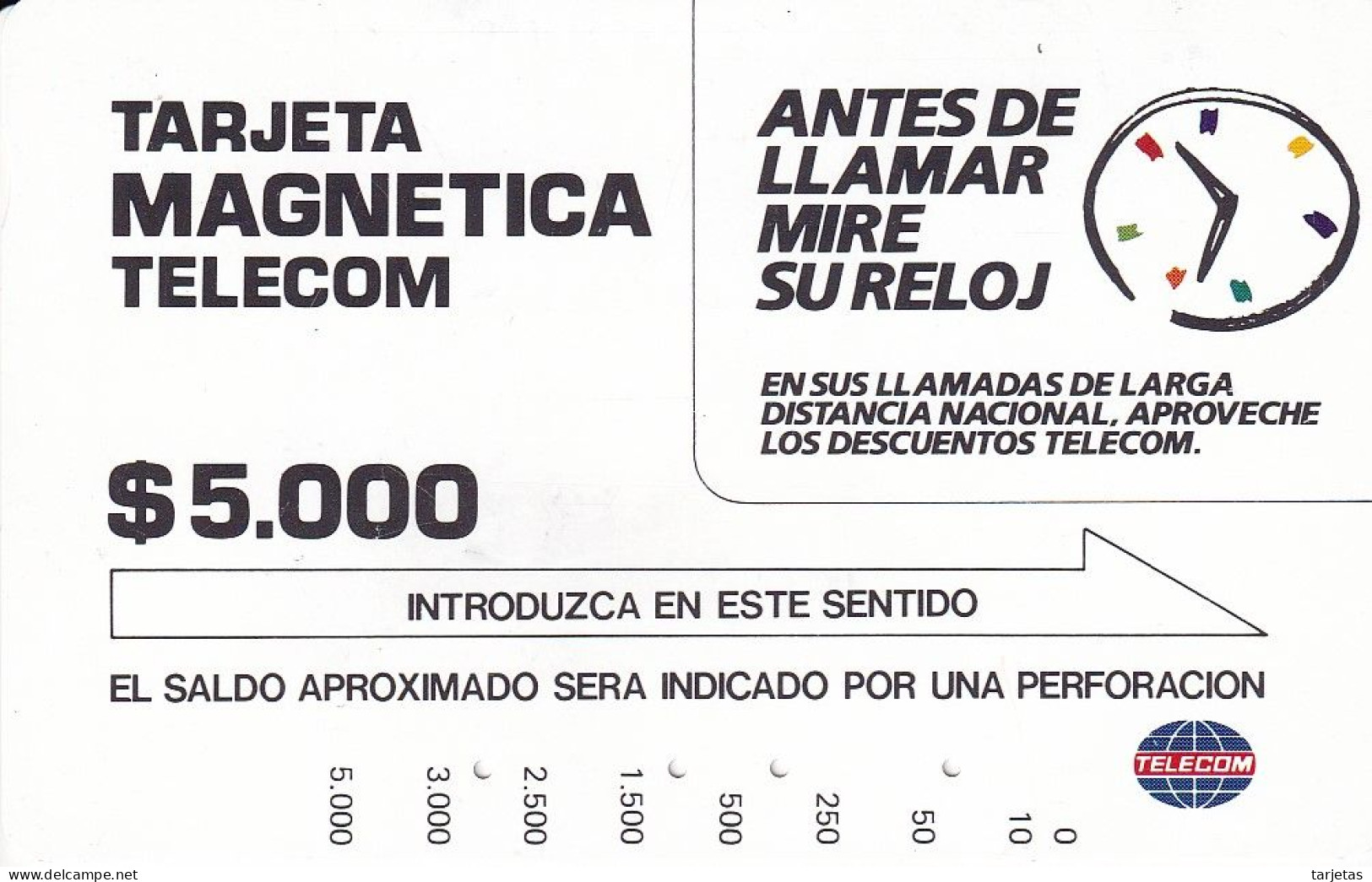 TARJETA DE COLOMBIA DE TELECOM DE $5000 ANTES DE LLAMAR MIRE SU RELOJ - Colombia