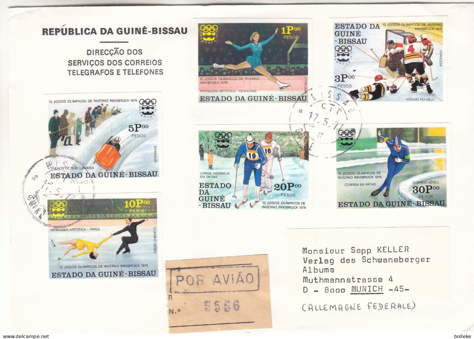 Jeux Olympiques - Innsbrück 76 - Guinée Bissau - Lettre Recom De 1977 - GF - Ski-luge-patinage-hockey- Rare Sur Lettre - Inverno1976: Innsbruck