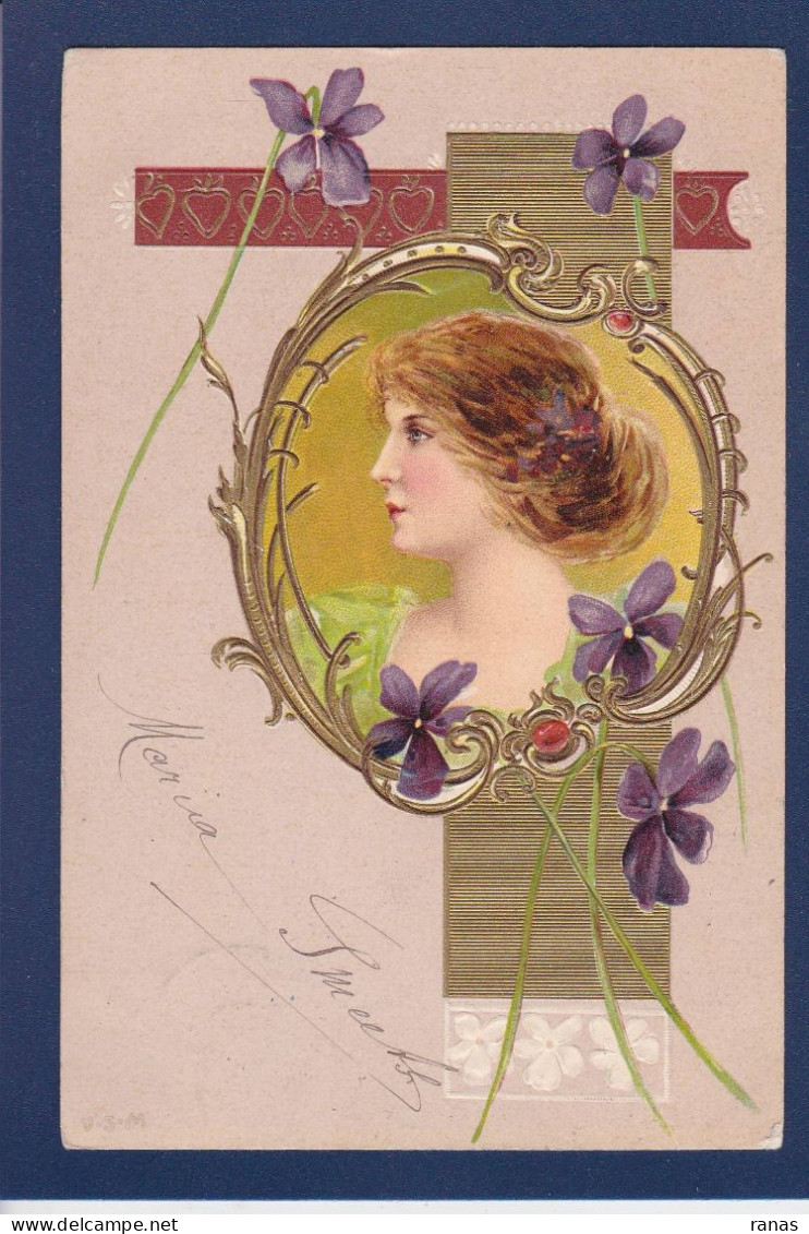 CPA Art Nouveau Femme Woman Illustrateur Circulée Gaufrée Embossed Violettes - Avant 1900