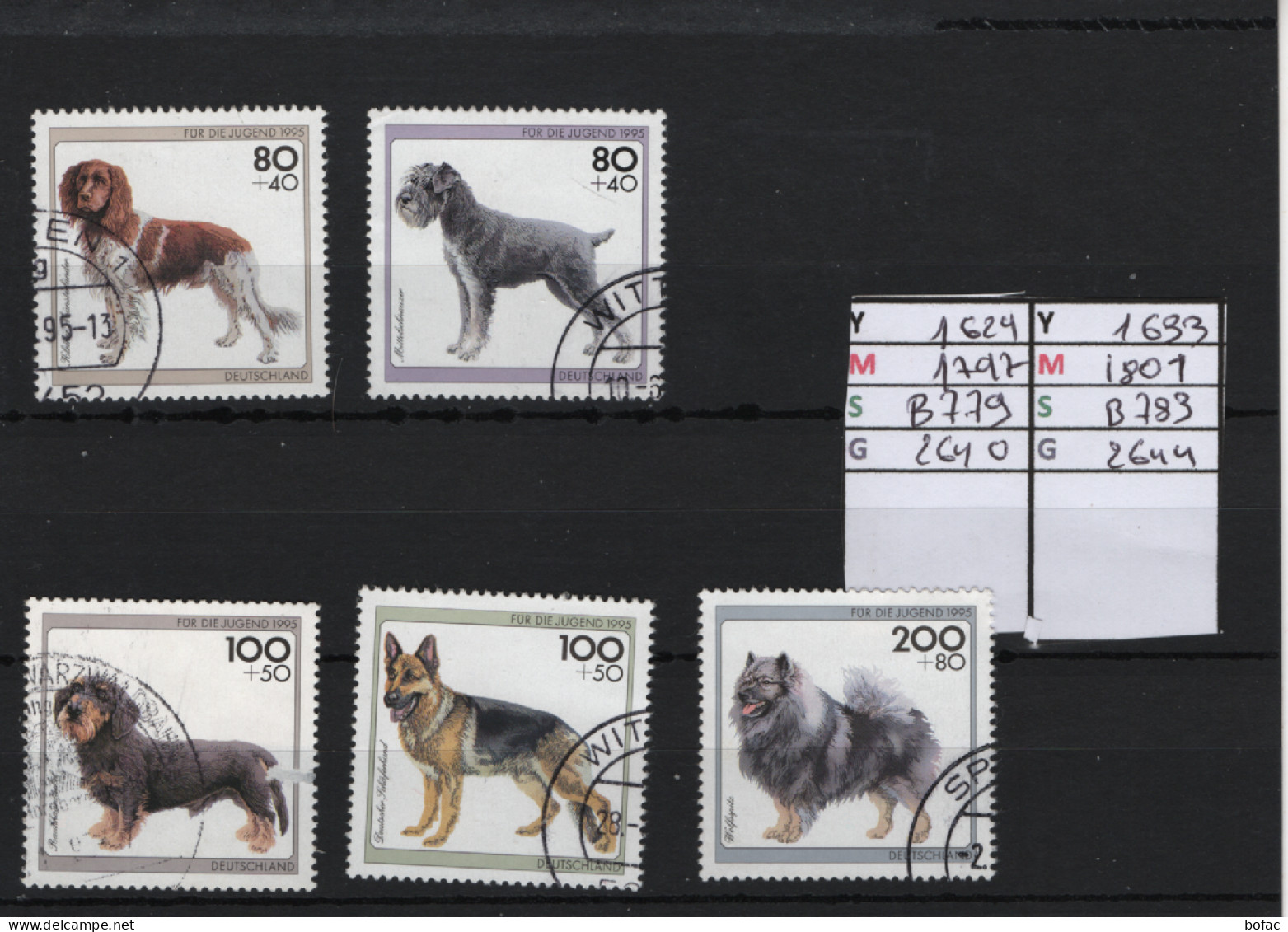 PRIX F. Obl 1629 A 1633 YT 1797 A 1801 MIC B779 A B783 SCO 2640 A 2644 GIB Races Canines D'origine Allemande 1995 75/12 - Oblitérés