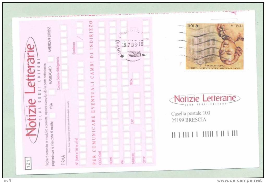 2003 Italia , Cartolina Per Richiesta Libri Affrancata Con Valore Anno 2003 - 2001-10: Marcophilie