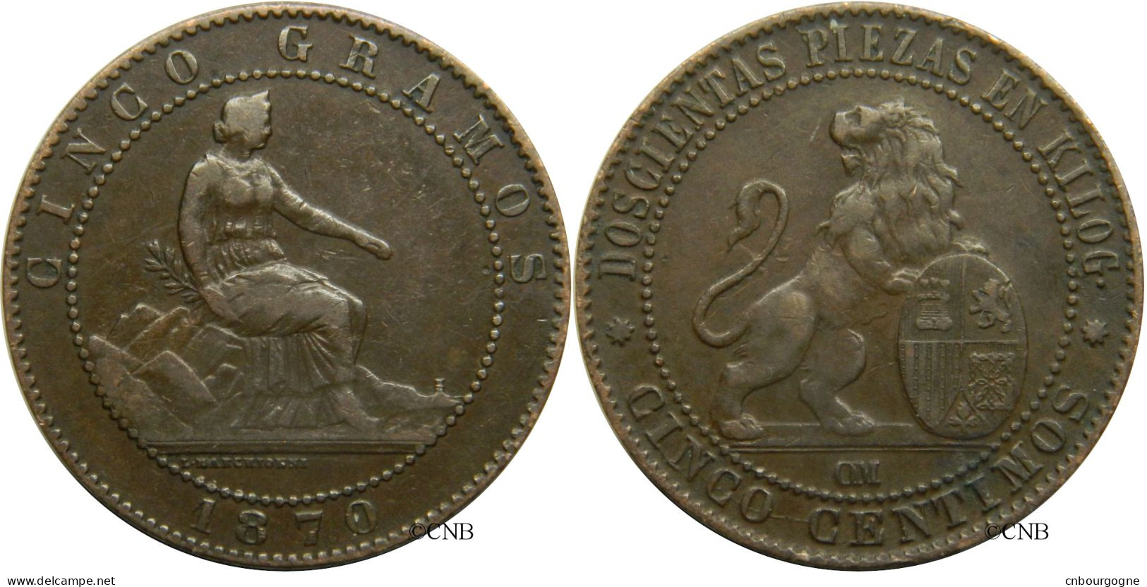 Espagne - Gouvernement Provisoire - 5 Centimos 1870 OM - TTB/XF40 - Mon4472 - Premières Frappes