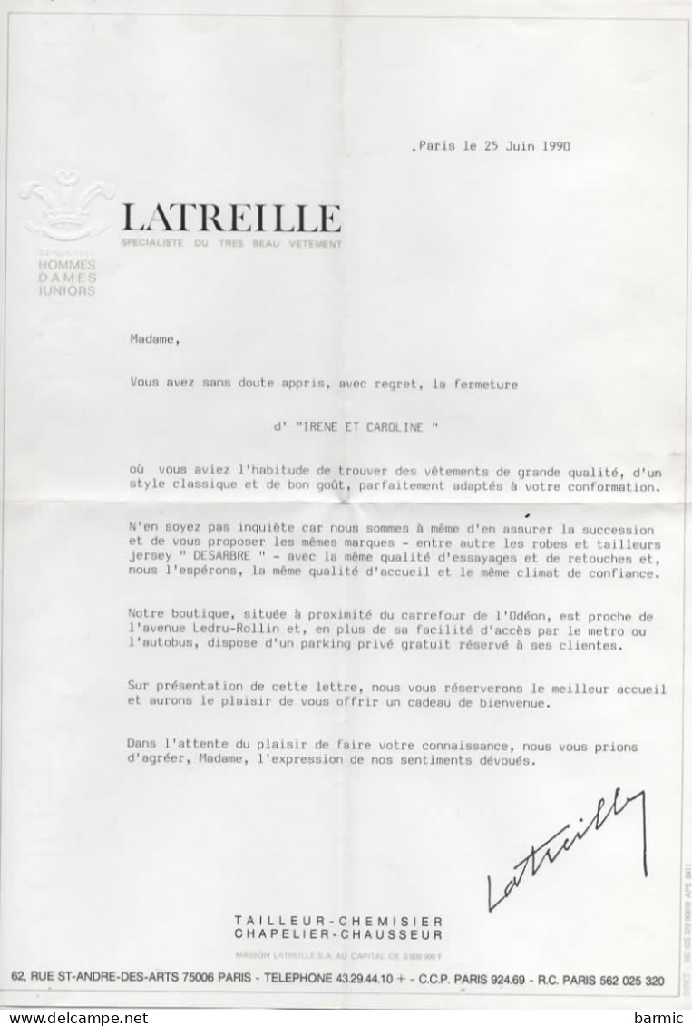 LETTRE DE FERMETURE, MAISON LATREILLE PARIS, TAILLEUR, CHEMISIER, CHAPELIER, CHAUSSEUR REF 15848 - Sin Clasificación