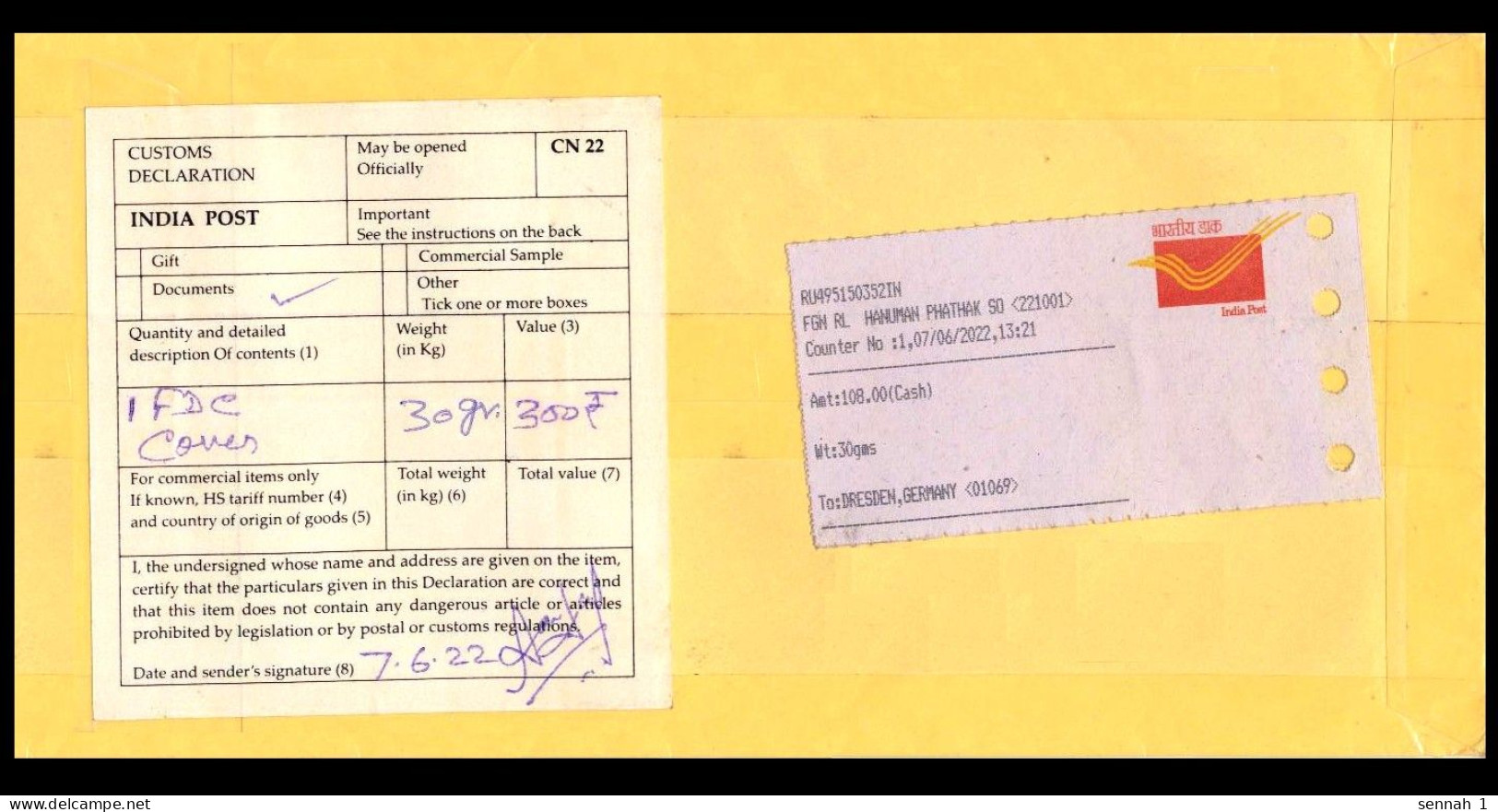 Indien / India: 'Barfreimachungs-Label [221001 Vārāṇasī, Hanuman Ghat Road], 2022' / 'Cash Payment Label', R-Brief - Brieven En Documenten