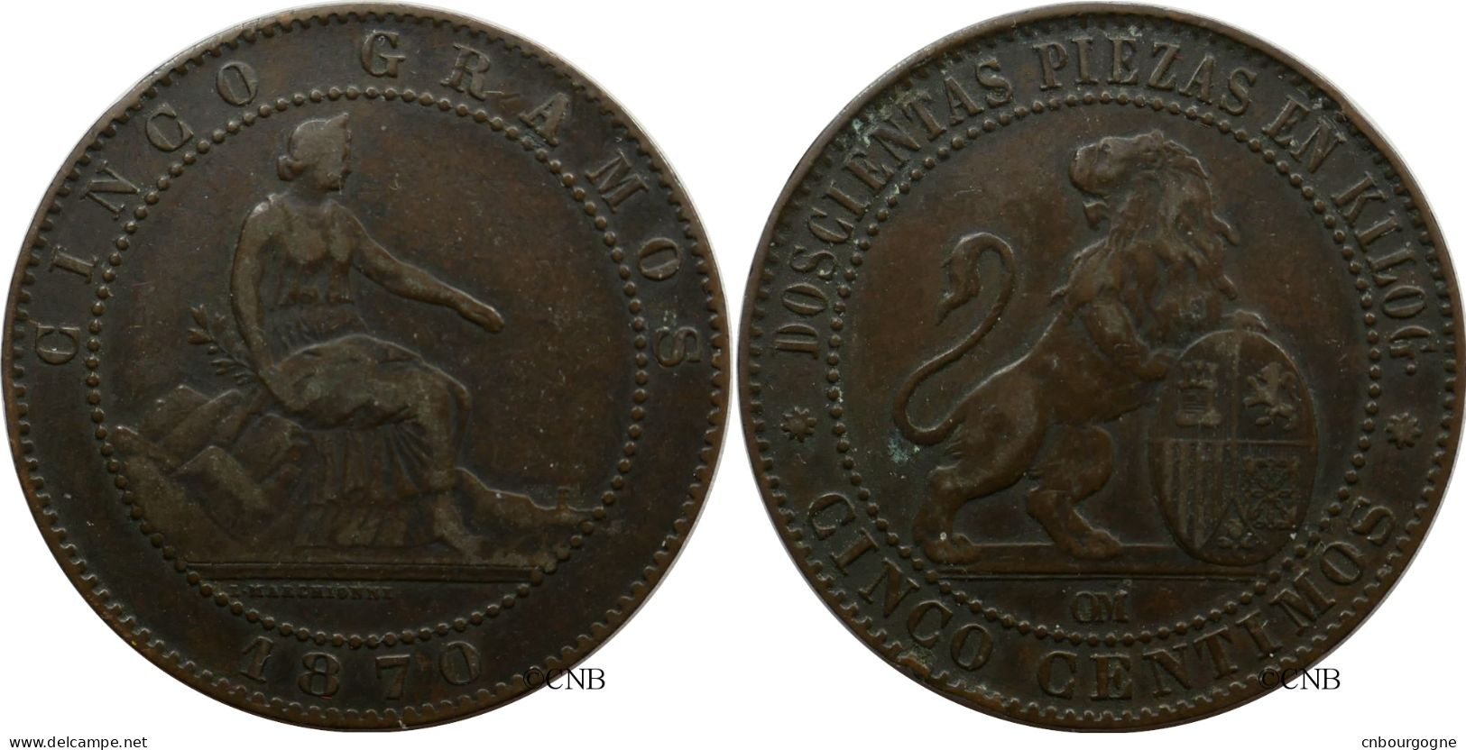 Espagne - Gouvernement Provisoire - 5 Centimos 1870 OM - TTB/XF45 - Mon5393b - Premières Frappes