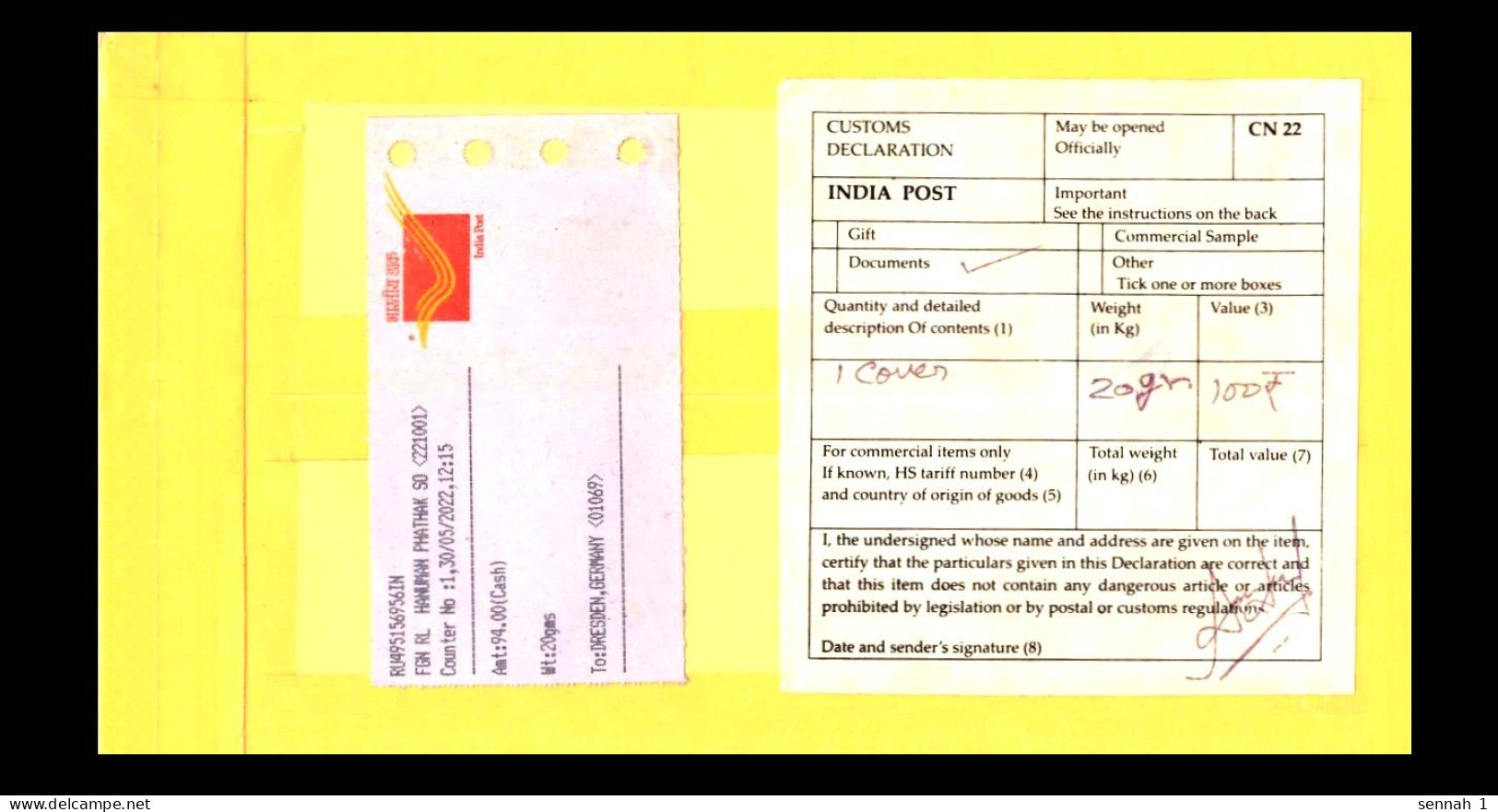 Indien / India: 'Barfreimachungs-Label [221001 Vārāṇasī, Hanuman Ghat Road], 2022' / 'Cash Payment Label', R-Brief - Storia Postale