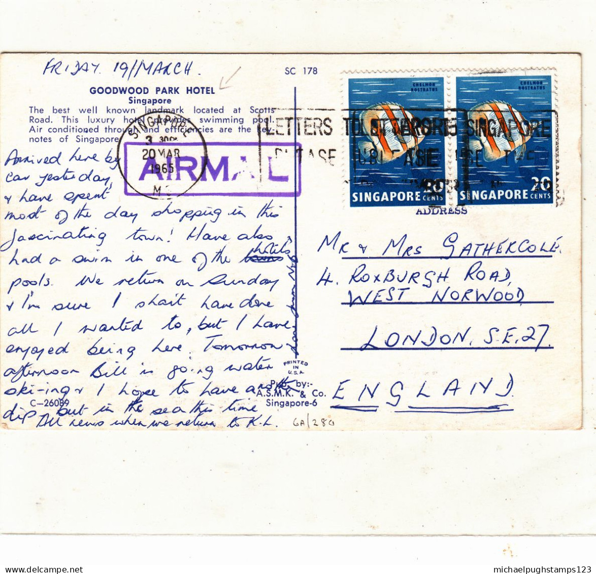 Singapore / Airmail / Hotel Postcards / G.B. - Singapore (1959-...)