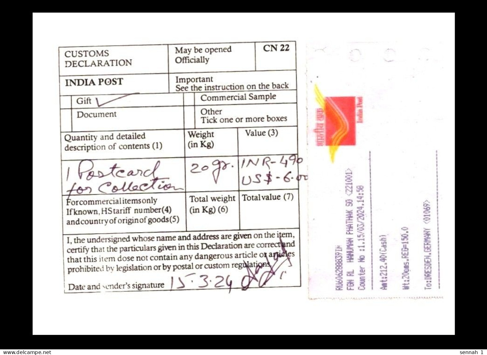 Indien / India: 'Barfreimachungs-Label [221001 Vārāṇasī, Hanuman Phathak], 2024' / 'Cash Payment Label', R-Brief - Storia Postale