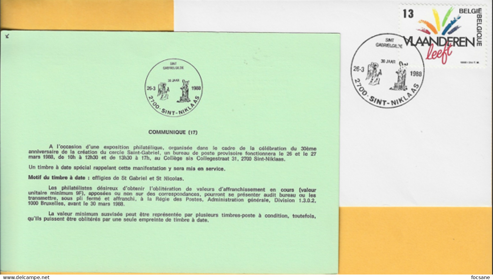 (17) Sint Gabrielgilde 2700 Sint-Niklaas 26-3-1988 Timbre N° 2278 - Other & Unclassified
