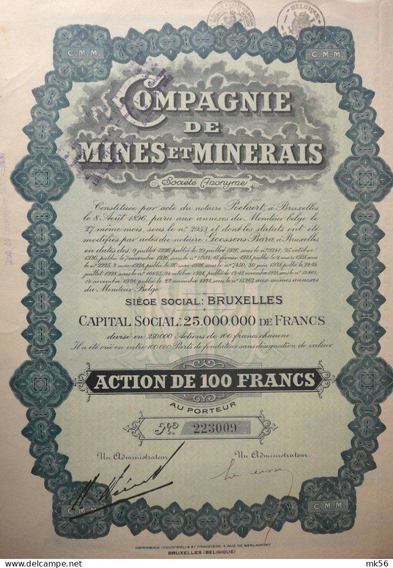 S.A. Compagnie De Mines Et Minerais - Action De 100 Fr  (1928) - Industrie