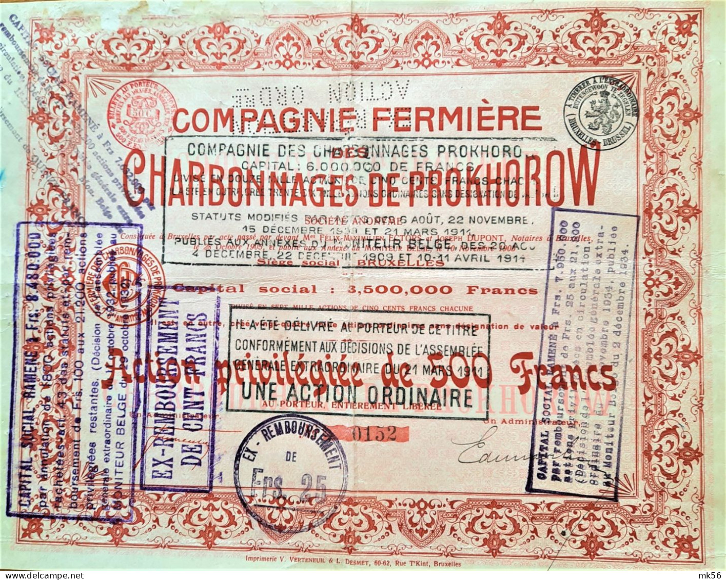 Cie Fermière Des Charbonnages De Prokhorow - Action Priviligiée - Mineral