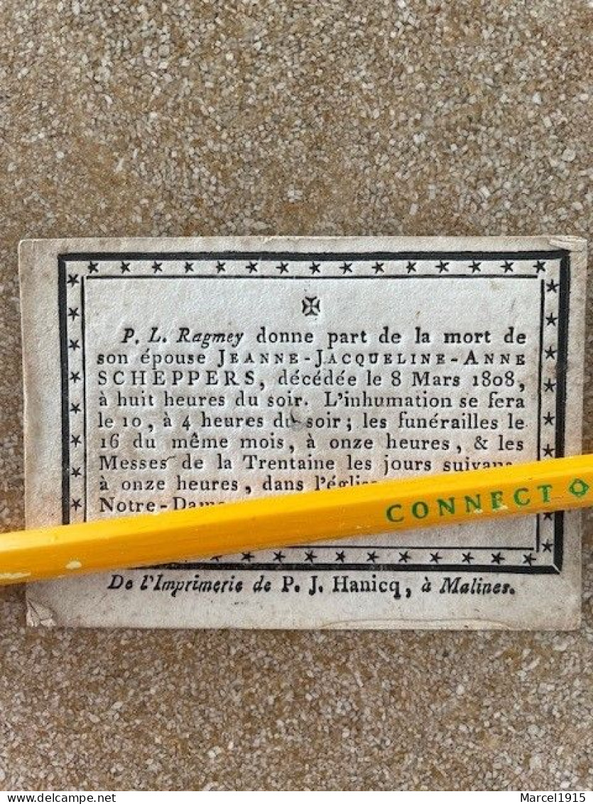 HEEL OUD BIDPRENTJE Jeanne Jacqueline Anne SCHEPPERS OVERLEDEN Mechelen 8/3/1808 !! ,echtgenote P.L.RAGMEY - Religion &  Esoterik