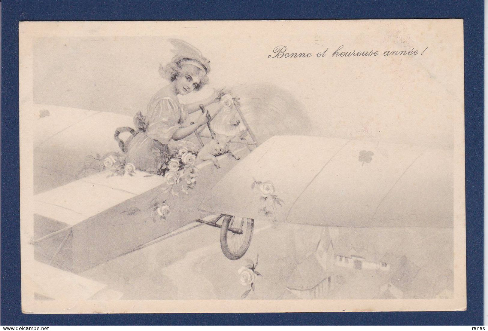 CPA Cochon Pig + Femme Circulée Aviation Viennoise Vienne - Schweine