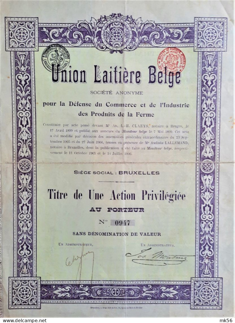 S.A. Union Laitière Belge - Titre De Une Action Priviligiée - Bruxelles - 1906 - Altri & Non Classificati