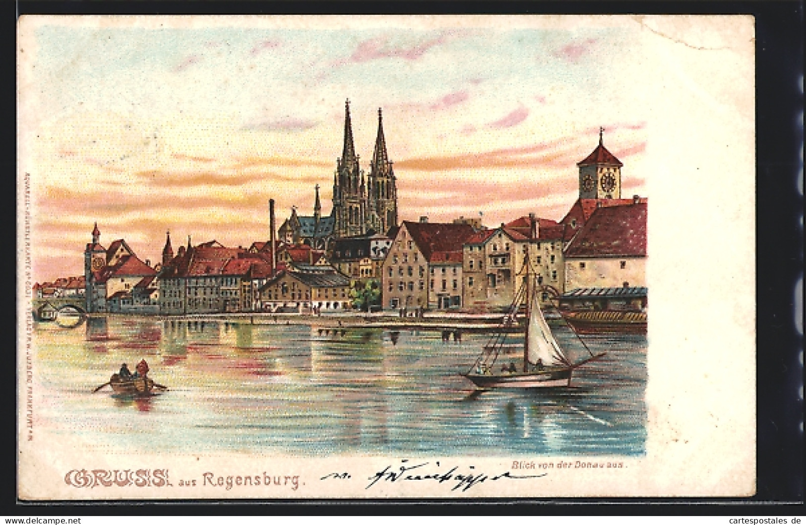 Lithographie Regensburg, Blick Von Der Donau Aus, Segelboot  - Regensburg