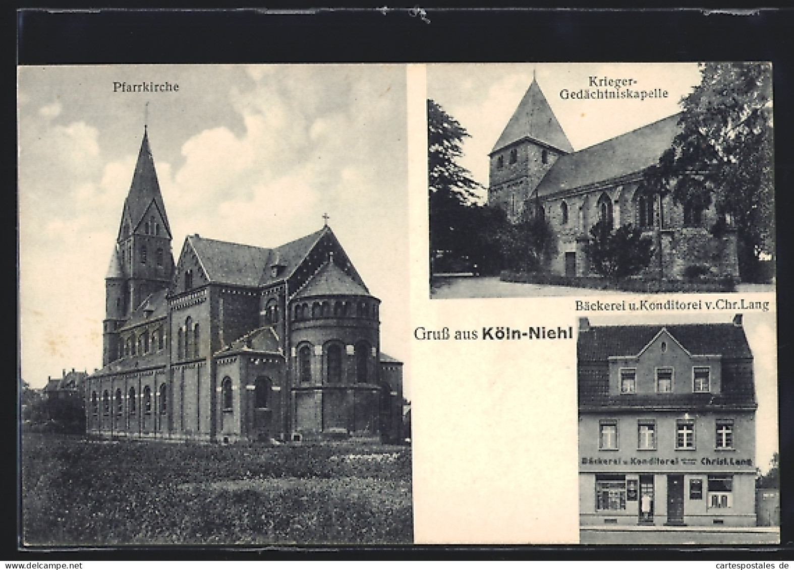 AK Köln-Niehl, Bäckerei Und Konditorei Von Chr. Lang, Krieger-Gedächtniskapelle, Pfarrkirche  - Koeln