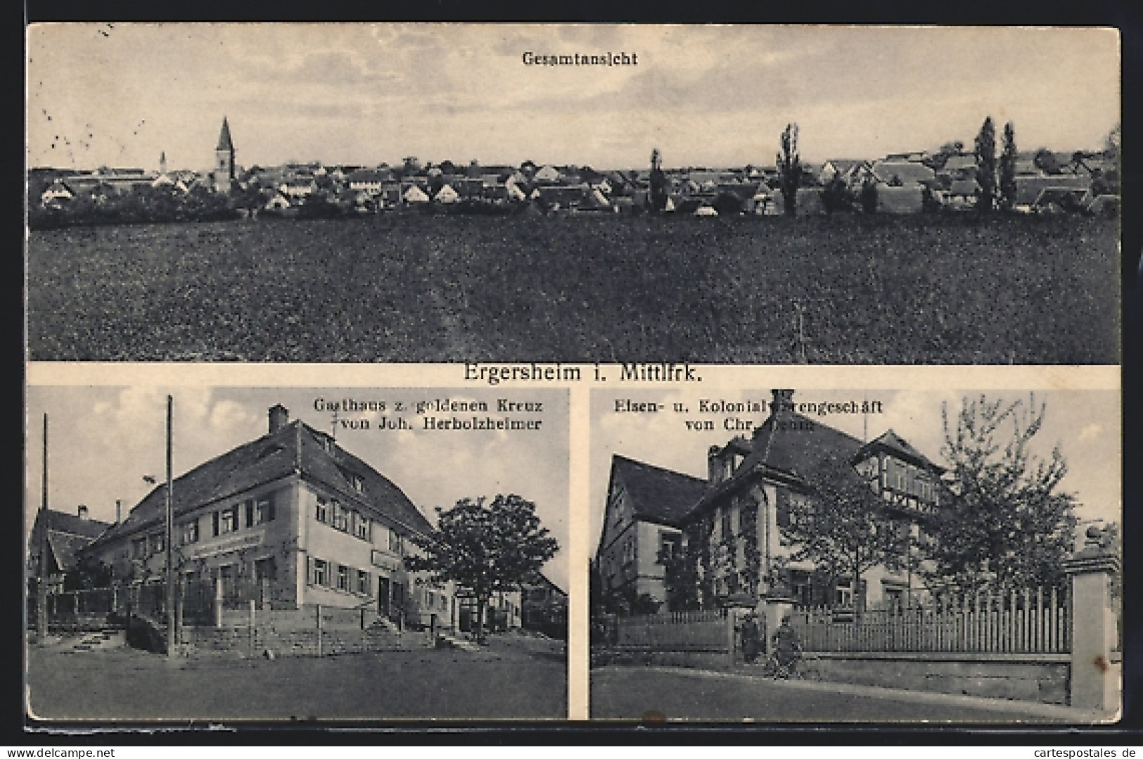 AK Ergersheim I. Mittlfrk., Gasthaus Zum Goldenen Kreuz, Eisen- Und Kolonialwarengeschäft Von Chr. Dehm, Gesamtansicht  - Autres & Non Classés