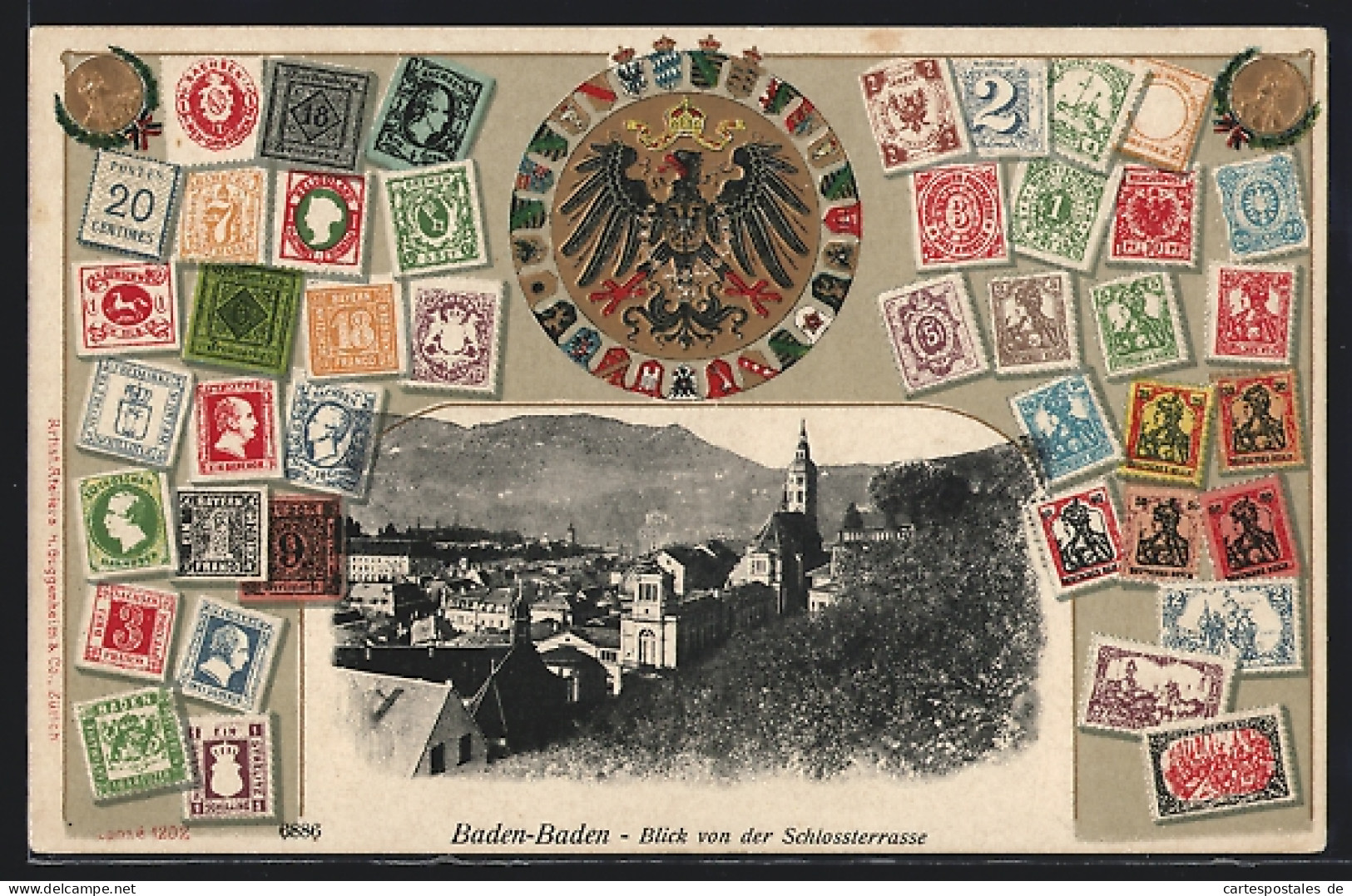 AK Baden-Baden, Blick Von Der Schlossterrasse, Versch. Briefmarken, Wappen  - Stamps (pictures)