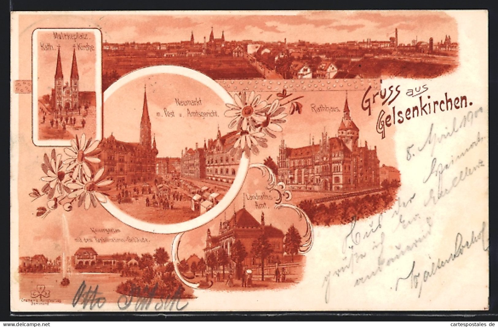 Lithographie Gelsenkirchen, Moltkeplatz, Neumarkt, Post, Amtsgericht, Kaisergarten  - Gelsenkirchen