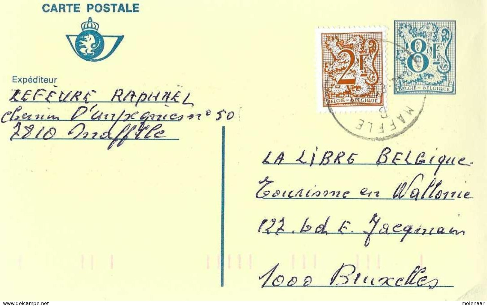 Postzegels > Europa > België > Postwaardestukken > Briefkaarten 1951-.. Briefkaart 8 Frank Met Bijfrankering (17021) - Briefkaarten 1951-..
