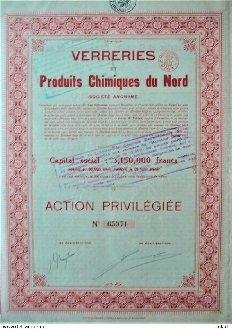 S.A. Verreries Et Produits Chimiques Du Nord - Act.priviligiée (1920) - Industrie