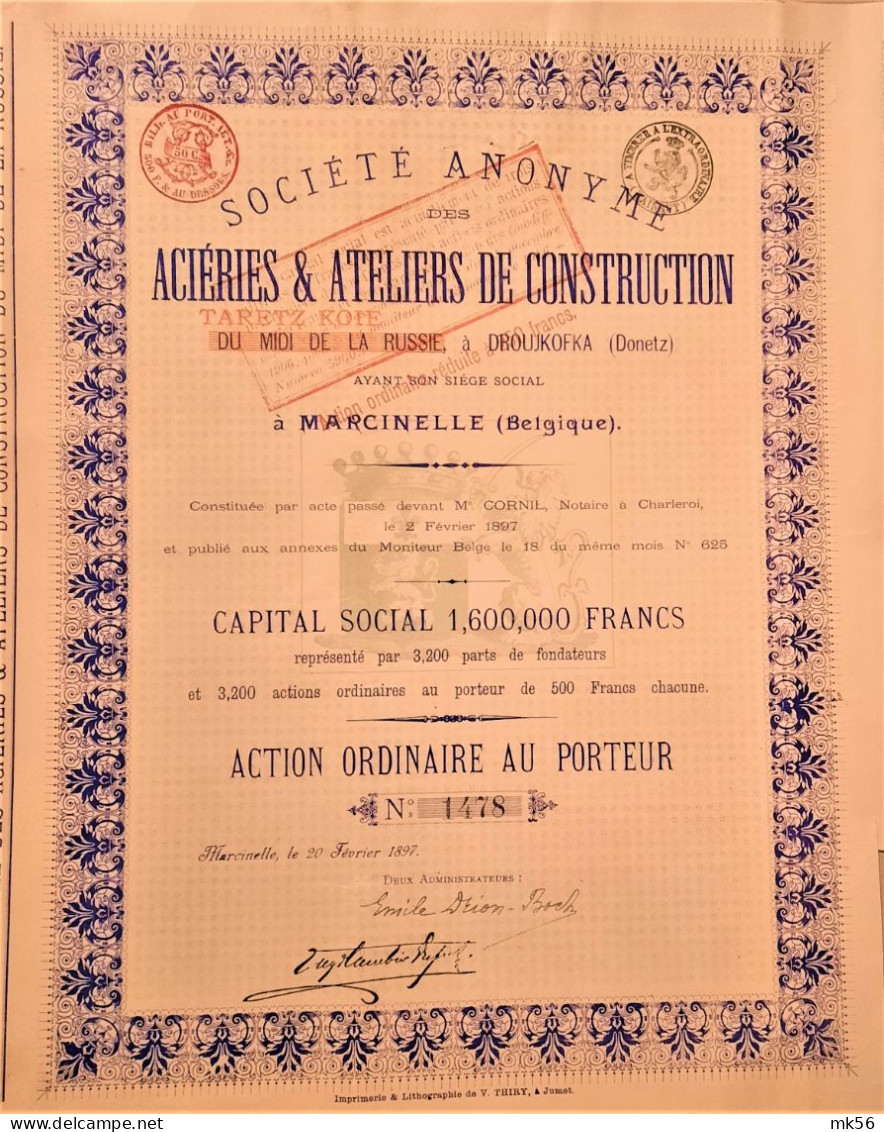 S.A. Des Acéries Et Atéliers De Construction Taretzkoie (Donetz) - Action Ordinaire Au Porteur (1897) - Russie