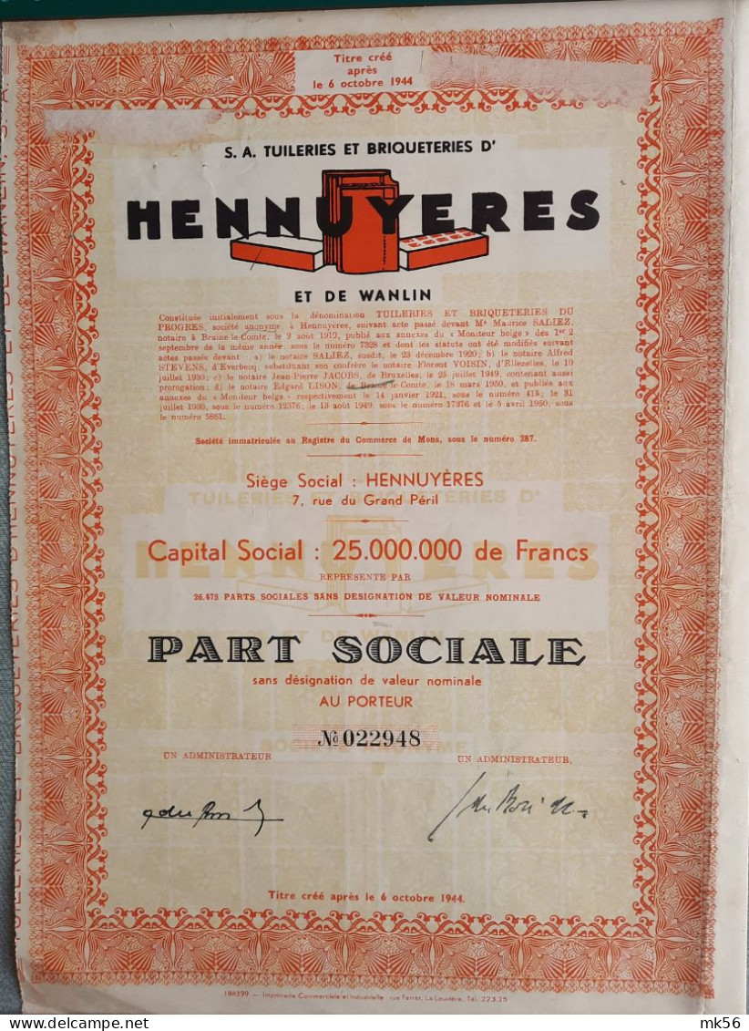 Tuileries Et Briqueteries Hennuyères - 1950 - Part Sociale - Andere & Zonder Classificatie