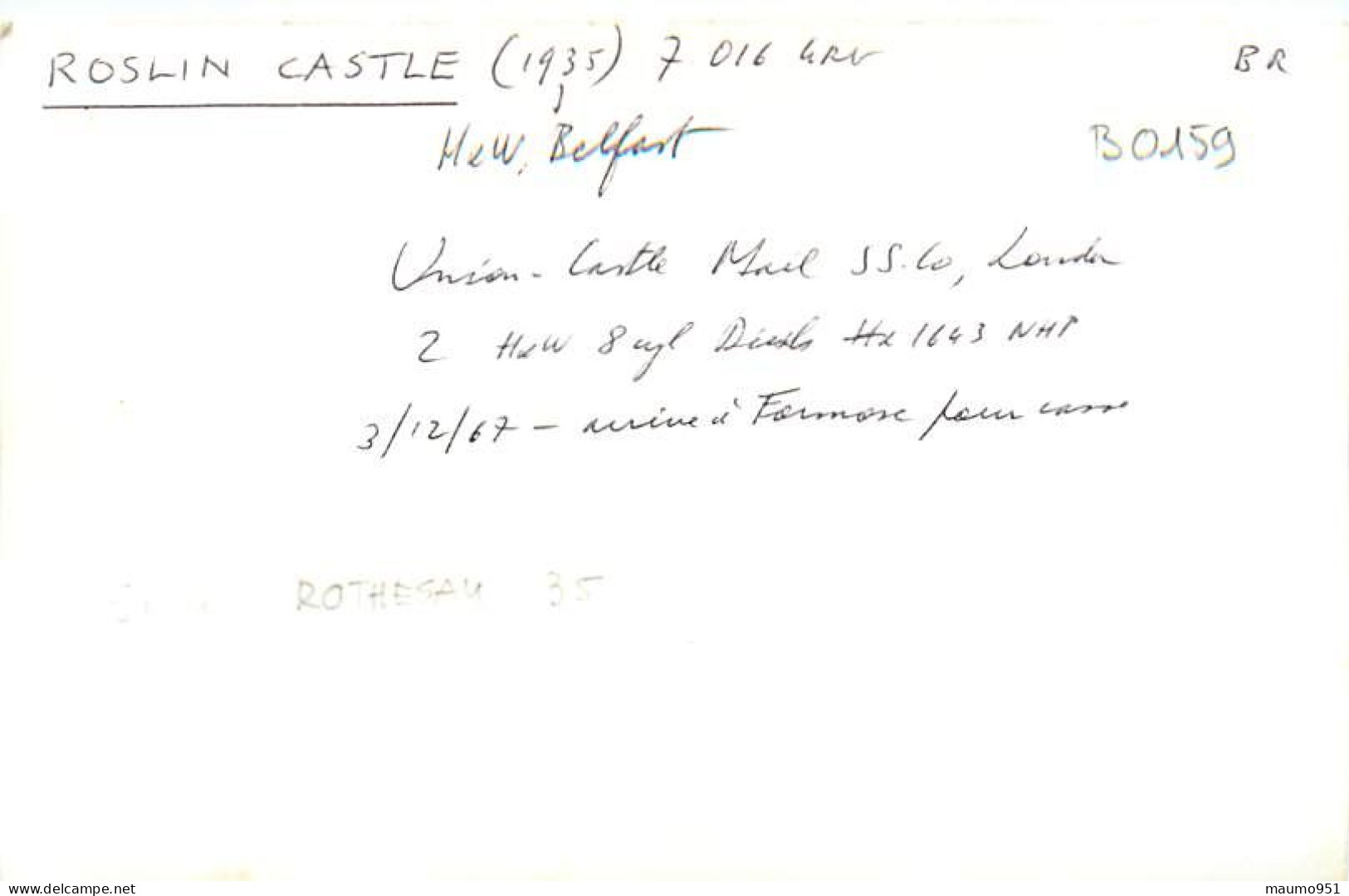 159 CLICHE BATEAU COMMERCE - LE ROSLIN CASTEL DE 1935 - CATEGORIE 7016 TONNES - FORMAT CPA N° B 0159 - Schiffe