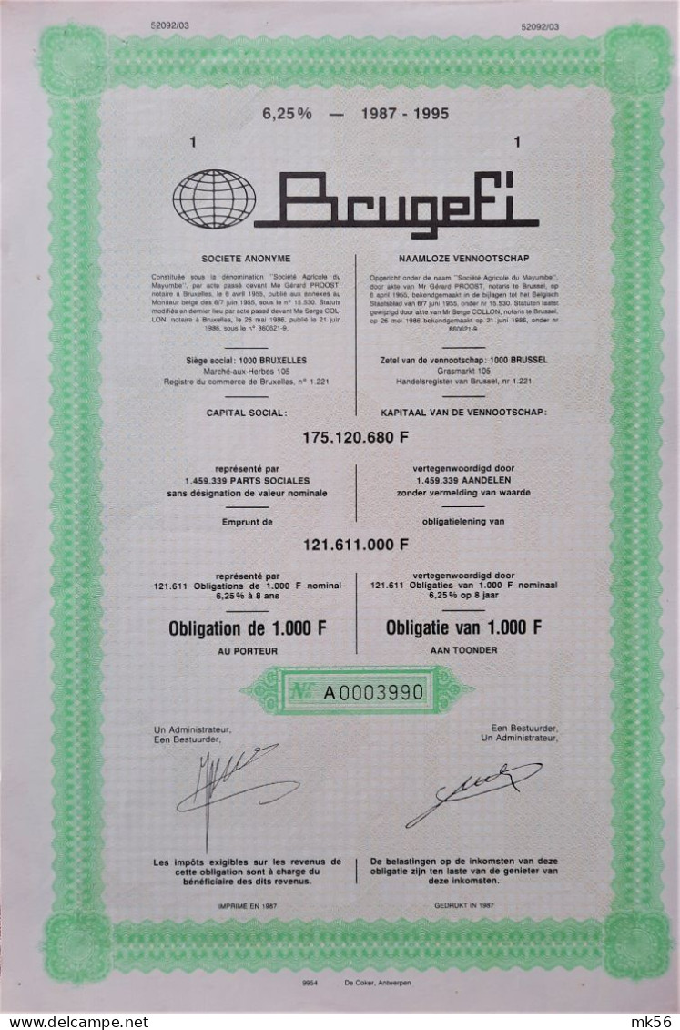 Brugefi - Obligatie Van 6,25 % 1987-1995 - Bruxelles - Altri & Non Classificati